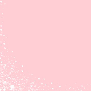 Sevgililer Günü için uçan kalpler. Beyaz kalpler pembe arka plana saçılmış. Güzel uçan kalpler vektör illüstrasyonu.