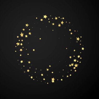 Sihirli yıldızlar vektör kaplaması. Altın yıldızlar rasgele etrafa saçılmış, düşüyor, yüzüyor. Kaotik rüya gibi çocuksu bir şablon. Siyah arkaplan üzerine vektör büyüsü.