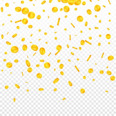 Indian rupee coins falling. Scattered gold INR coins. India money. Great business success concept. Square vector illustration.