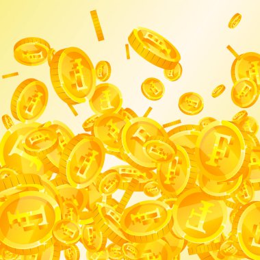 Swiss franc coins falling. Gold scattered CHF coins. Switzerland money. Jackpot wealth or success concept. Square vector illustration.