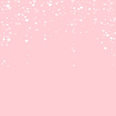 Serpiştirilmiş kalpler sevgililer günü şablonu. Beyaz kalpler pembe arka plana saçılmış. Kutlama serpiştirilmiş kalp vektör illüstrasyonu.