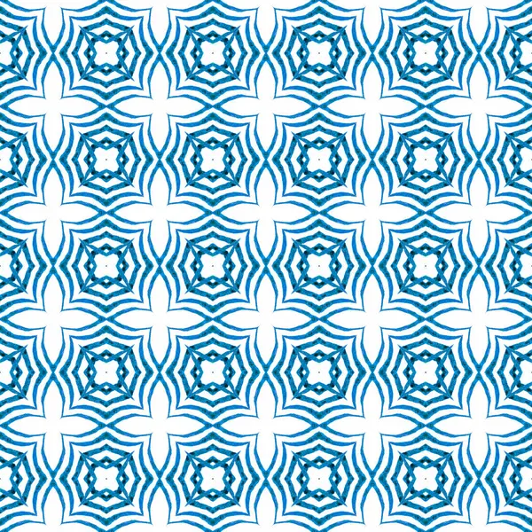 Sembol suluboya deseni. Mavi enfes boho şık yaz tasarımı. Tekstil hazır lüks baskı, mayo kumaş, duvar kağıdı, ambalaj. Yeşil geometrik sembolü suluboya kenarı.