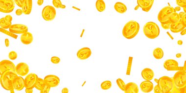 Japon sikkeleri düşüyor. Dağınık altın JPY paralar. Japonya parası. Büyük ikramiye ya da başarı konsepti. Geniş vektör illüstrasyonu.