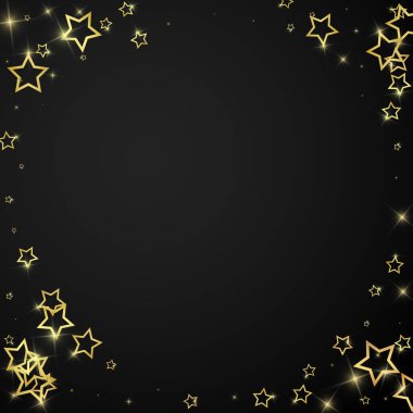 Parıldayan yıldızlar rastgele dağılmış, uçuyor, düşüyor, yüzüyor. Noel kutlaması kavramı. Siyah arkaplanda kutlama yıldızları vektör çizimi.
