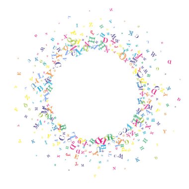 İngilizce 'nin harfleri düşüyor. Latin alfabesinin renkli, çocuksu uçan karakterleri. Yabancı diller öğrenim kavramı. Beyaz arkaplanda okul afişine geri dön.