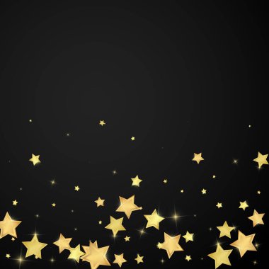 Sihirli yıldızlar vektör kaplaması. Altın yıldızlar rasgele etrafa saçılmış, düşüyor, yüzüyor. Kaotik rüya gibi çocuksu bir şablon. Siyah arkaplanda büyülü karikatür gece gökyüzü.