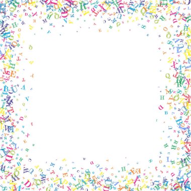 İngilizce 'nin harfleri düşüyor. Latin alfabesinin renkli, çocuksu uçan karakterleri. Yabancı diller öğrenim kavramı. Beyaz arkaplanda okul afişine geri dön.