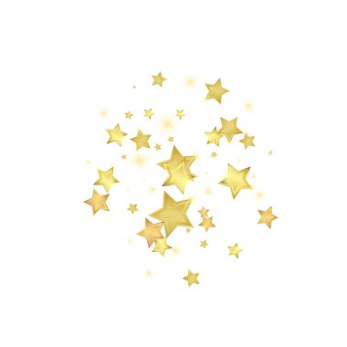 Sihirli yıldızlar vektör kaplaması. Altın yıldızlar rasgele etrafa saçılmış, düşüyor, yüzüyor. Kaotik rüya gibi çocuksu bir şablon. Beyaz arkaplanda mucizevi yıldızlı gece vektörü.