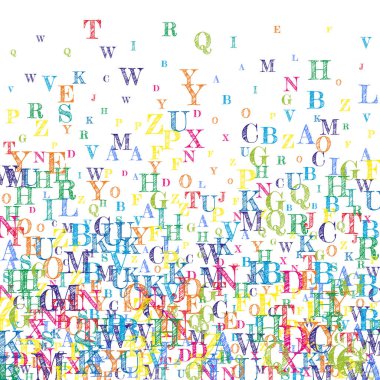 İngilizce 'nin harfleri düşüyor. Latin alfabesinin renkli, çocuksu uçan karakterleri. Yabancı diller öğrenim kavramı. Beyaz arkaplanda okul afişine geri dön.