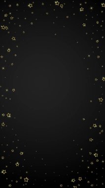 Parıldayan yıldızlar rastgele dağılmış, uçuyor, düşüyor, yüzüyor. Noel kutlaması kavramı. Siyah arkaplanda kutlama yıldızları vektör çizimi.