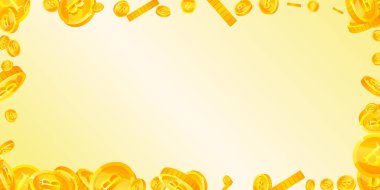 Bitcoin coins falling. Cryptocurrency scattered gold BTC coins. Internet currency. Jackpot wealth or success concept. Wide vector illustration.