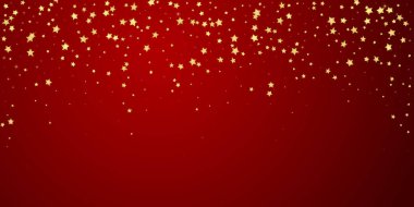 Sihirli yıldızlar vektör kaplaması. Altın yıldızlar rasgele etrafa saçılmış, düşüyor, yüzüyor. Kaotik rüya gibi çocuksu bir şablon. Kırmızı arkaplanda vektör büyüsü.