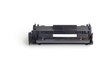 Laser jet black cartridges for use with printers and computers isolated on white background.