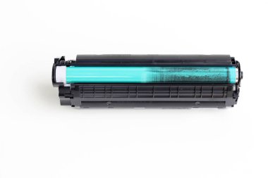 Laser jet black cartridges for use with printers and computers isolated on white background.