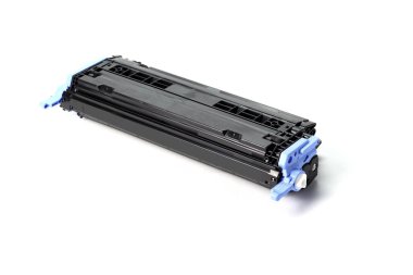 Laser jet black cartridges for use with printers and computers isolated on white background.