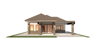 Çağdaş tarzda tek bir ev, açık gri renkle kahverengiyi birleştirmiş, evin içinde ve dışında ışıklar var. Beyaz arka planda izole edilmiş bir otopark ve yeşil çimenler var. Görüntü: 3D.