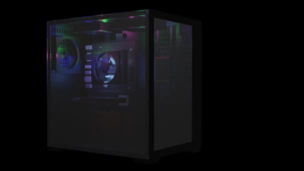 3D渲染黑色电脑机箱 配有4个壮观的风扇和Rgb照明 提供了一个透明的背景 展示了终极冷却解决方案 — 图库视频影像