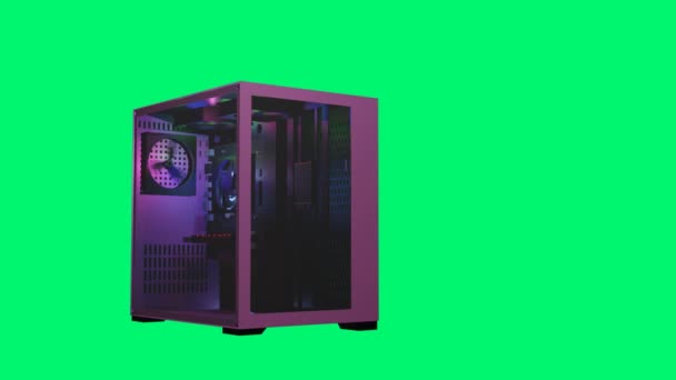 4つの壮大なファンおよびRgbの照明が付いている3Dレンダリングされたピンクのコンピュータ ケース このビデオは緑の背景を特色にします Greenscreenはビデオかイメージから背景を自動的に取除くことを可能にします — ストック動画