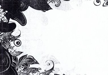 Siyah ve beyaz illüstrasyonda ek metin için boş alanlar sağlayan kenarlar ve yapraklar kablo benzeri desenler yer almaktadır..