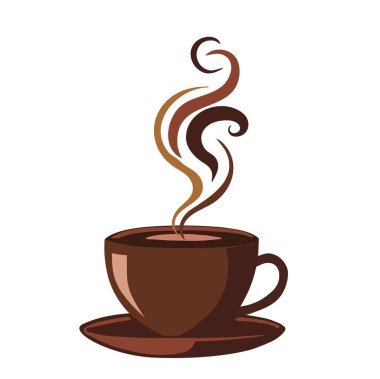 Kahverengi tonlu kahve fincanı ve fincan tabağı, Girdap Buharının Yükselen Dalgaları. Vektör illüstrasyonu