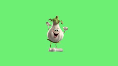 Sarımsak karakteri, kolları, bacakları, yüzü ve gözleri var, insan gibi dans ediyor. Yapay zeka tarafından oluşturulan resim, JavaScript kodu ve düzenleme programları olan Yeşil Ekran kullanılarak bir video klibine dönüştürülür..