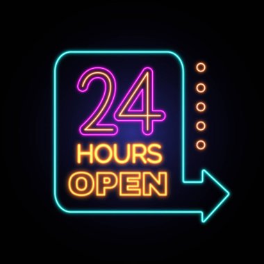 24 hours open neon light design, glowing neon billboard design