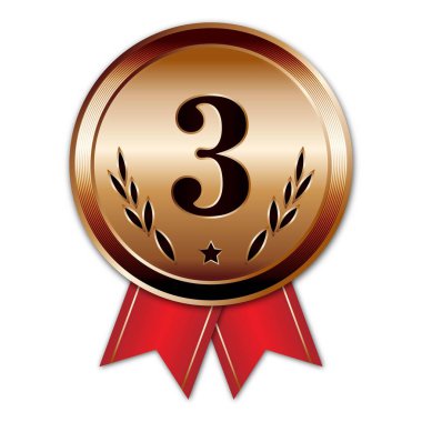 Bronze medal with red ribbon 3rd place, shiny bronze medal vector illustration