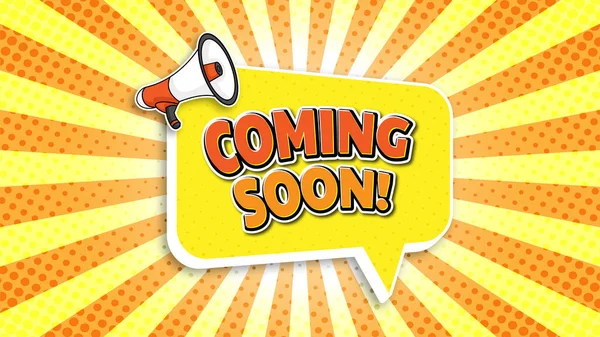 Coming Soon Banner Comic Style Loudspeaker Megaphone Vector Sunburst Background — Stock Vector