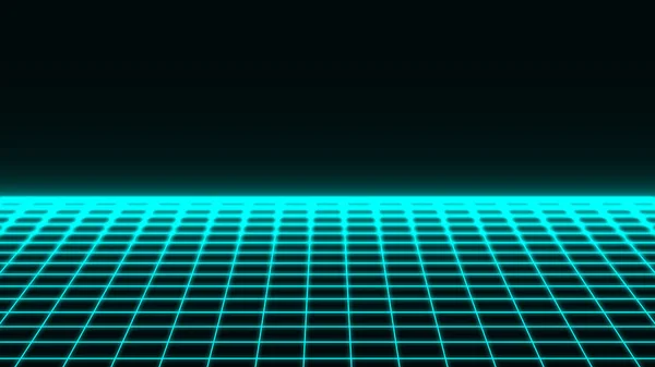 レトロな背景未来的な風景1980年代のスタイル 80年代のSfやゲームスタイル レトロな青ネオンライトの背景 パースペクティブグリッド抽象的な背景 — ストックベクタ