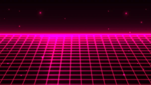レトロな背景未来的な風景1980年代のスタイル 80年代のSfやゲームスタイル レトロなピンクのネオンライトの背景 パースペクティブグリッド抽象的な背景 — ストックベクタ