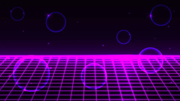 レトロな背景未来的な風景1980年代のスタイル 80年代のSfやゲームスタイル レトロな紫色のネオンライトの背景 パースペクティブグリッド抽象的な背景 — ストックベクタ