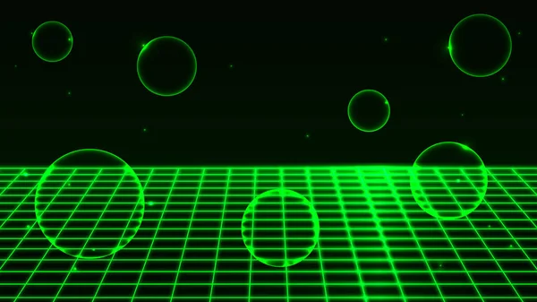 レトロな背景未来的な風景1980年代のスタイル 80年代のSfやゲームスタイル レトロな緑のネオンライトの背景 パースペクティブグリッド抽象的な背景 — ストックベクタ
