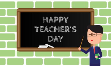 Mutlu öğretmenler günü afişi, okulda tahtaya işaret eden öğretmen, düz stil vektör karikatür çizimi