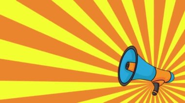 Portakal rengi güneş patlaması arka planında megafonla lütfen dikkat, Pop Art retro video animasyonu