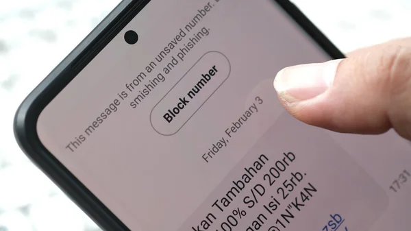 Номер Блокування Android Смартфоні Фішингу Повідомлення Джакарта Лютого 2023 — стокове фото
