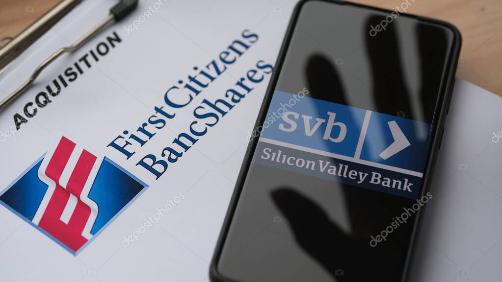 Silicon Valley Bank with hand shadows on acquisition paper. Acquisition illustration. Jakarta, 28 march 2023.
