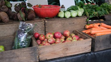 Organik hafta sonu pazarında çeşitli taze sebzeler satılıyor.