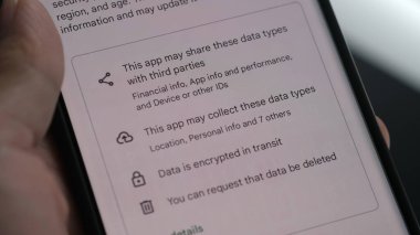 Google Play Store 'dan yüklenen uygulama veya oyunlardan alınan paylaşım verileri ve diğer kişisel bilgiler. Sydney, 6 Haziran 2023.