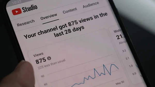 stock image checking the number of people watching videos in the Youtube Studio app. Sydney, 28 June 2023.