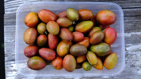 Ahşap bir masada plastik bir kabın içindeki parmak kireci..