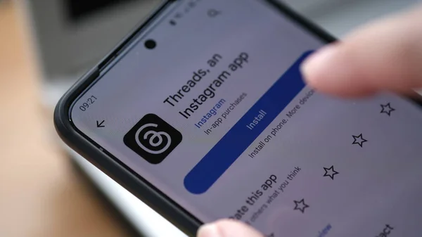 stock image Installing Instagram Thread application on Android smartphone. Jakarta, 12 July 2023.