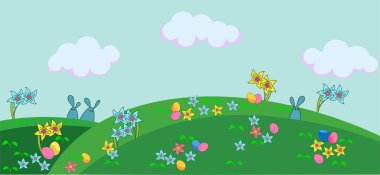 Vektör çizimi. Çayırdaki Paskalya tavşanları. Çiçekli Paskalya yumurtaları