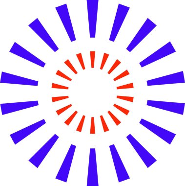 Cercle rouge avec a l'interieur deux groupes de trapezes bleu et rouge rejoignant le centre