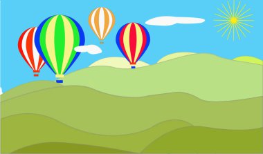 Montgolfieres colorees et nuages sur fond de collines
