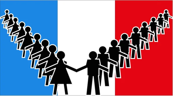 以法国国旗为背景 手牵手组成V字形的男子和妇女的轮廓 — 图库矢量图片