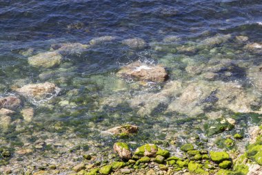 Deniz kenarındaki kayalarda dalga hareketi