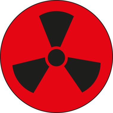 Kırmızı arka planı olan yuvarlak panel: Radyoaktivite, radyasyon