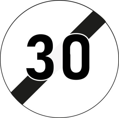 Siyah çizgili beyaz zemin üzerinde Fransızca yuvarlak yol işareti: Hız limitinin sonu. 