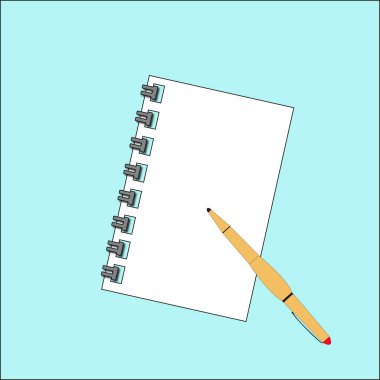 Açık mavi arkaplanda defter ve kalem