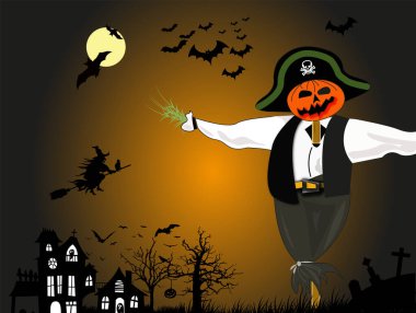 Cadılar Bayramı manzarası, korkuluk, perili kale, yarasalar ve turuncu arka planda ay ışığı